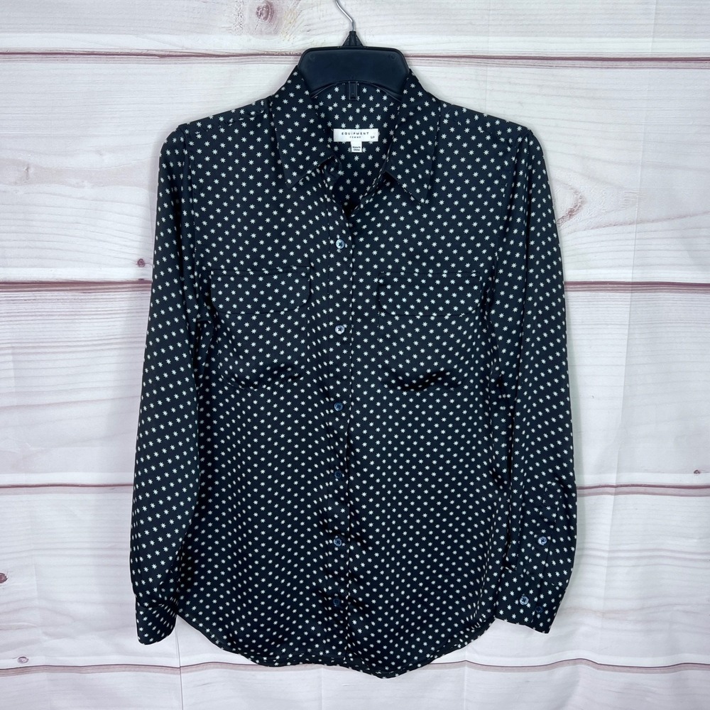 Equipment Top Women S Black Star Print Shirt Button Up Utility Satin Long Sleeve